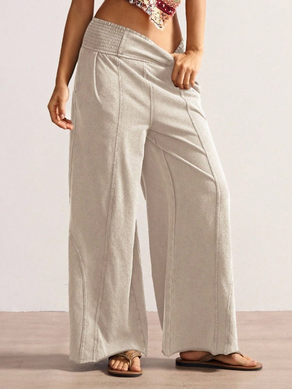 Khaki Casual Women's Knit Loose Wide-Leg Washed Smocked Waist Pants with Pockets - Picture 4 of 7